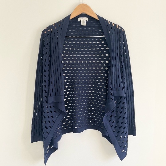 Milly Navy Pointelle Hole Silk Cardigan - Picture 4 of 12